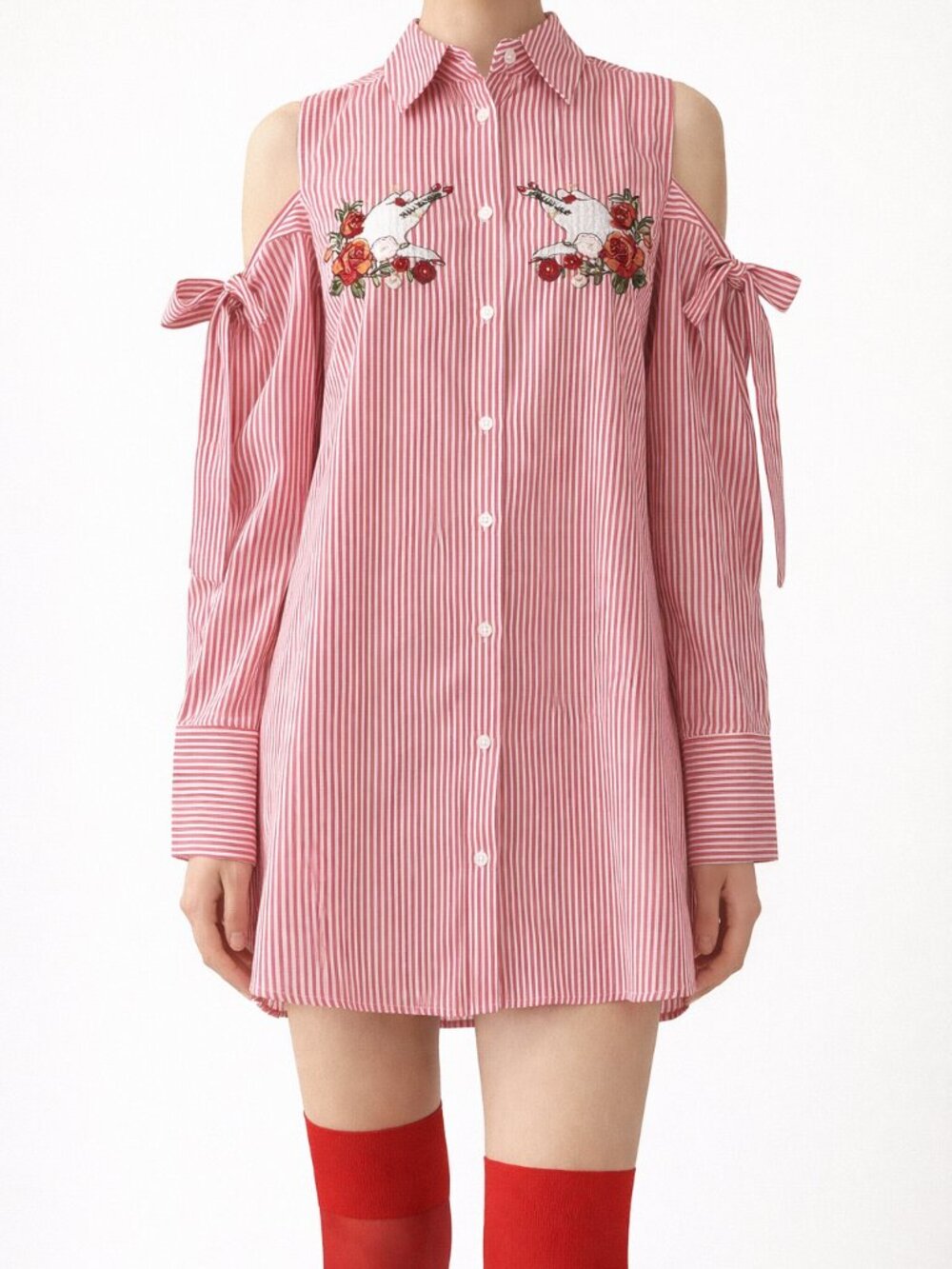 Red White Striped Cold Shoulder Embroidered Shirt Dress | Japan Y2K OS